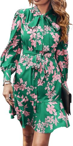 MakeMeChic Women's Floral Long Sleeve Tie Neck Button Front Ruffle Hem Short Dress with Belt in Saudi Arabia