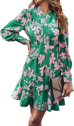 MakeMeChic Women's Floral Long Sleeve Tie Neck Button Front Ruffle Hem Short Dress with Belt in Saudi Arabia
