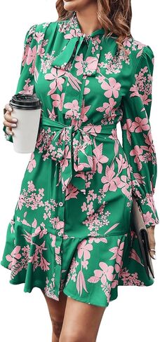 MakeMeChic Women's Floral Long Sleeve Tie Neck Button Front Ruffle Hem Short Dress with Belt in Saudi Arabia