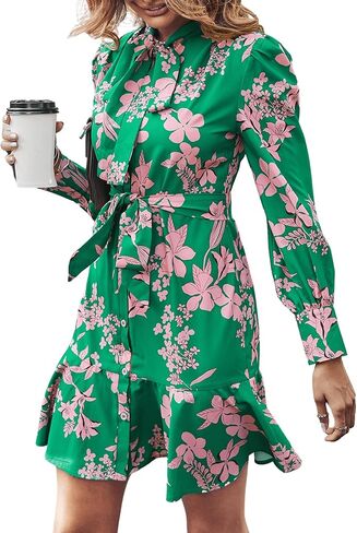 MakeMeChic Women's Floral Long Sleeve Tie Neck Button Front Ruffle Hem Short Dress with Belt in Saudi Arabia