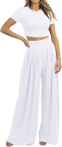 Cosonsen Women 2 Piece Outfits Summer Casual Short Sleeve Crop Tops Wide Leg Pants Lounge Set Tracksuit in Saudi Arabia