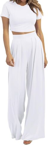Cosonsen Women 2 Piece Outfits Summer Casual Short Sleeve Crop Tops Wide Leg Pants Lounge Set Tracksuit in Saudi Arabia