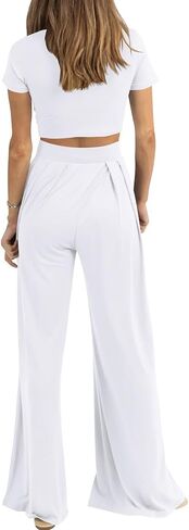 Cosonsen Women 2 Piece Outfits Summer Casual Short Sleeve Crop Tops Wide Leg Pants Lounge Set Tracksuit in Saudi Arabia