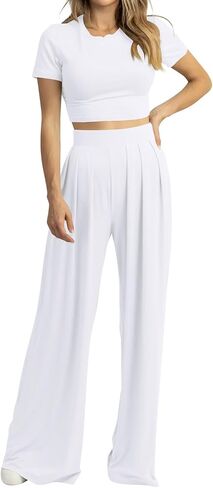 Cosonsen Women 2 Piece Outfits Summer Casual Short Sleeve Crop Tops Wide Leg Pants Lounge Set Tracksuit in Saudi Arabia