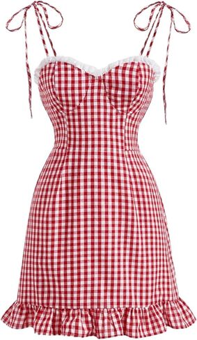 Floerns Women's Gingham Print tie Shoulder Sleeveless Ruffle Hem cami Dress in Kuwait