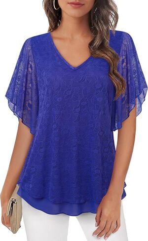 Furnex Blouses for Women Dressy Casual,Double Layers Mesh Elegant Summer Blouses,Short Sleeve V Neck Women's Tunic Tops in Kuwait