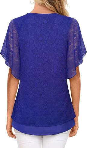 Furnex Blouses for Women Dressy Casual,Double Layers Mesh Elegant Summer Blouses,Short Sleeve V Neck Women's Tunic Tops in Kuwait