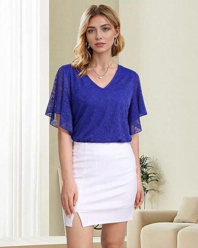 Furnex Blouses for Women Dressy Casual,Double Layers Mesh Elegant Summer Blouses,Short Sleeve V Neck Women's Tunic Tops in Kuwait