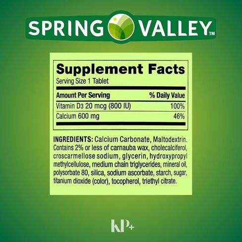 Spring Valley, كالسيوم 600 مجم مع فيتامين د3، مكمل غذائي، مكمل كالسيوم 600 مجم، حزمة مكونة من 250 قطعة مع علبة حبوب منع الحمل in Saudi Arabia