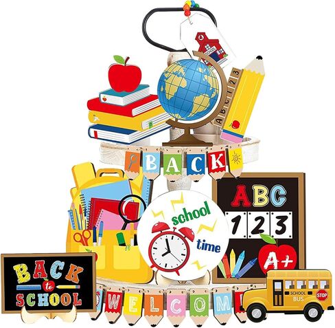 24 Pcs Back To School Season Globe Tiered Tray Decor Set, Back To School Season Wooden Signs, Globe Home Decor, Office, Home, Campus Themed Decorative Tray Signs in Saudi Arabia