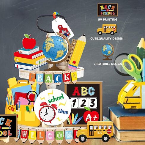 24 Pcs Back To School Season Globe Tiered Tray Decor Set, Back To School Season Wooden Signs, Globe Home Decor, Office, Home, Campus Themed Decorative Tray Signs in Saudi Arabia
