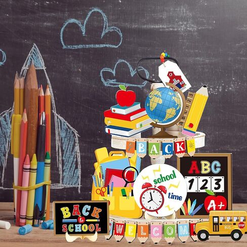 24 Pcs Back To School Season Globe Tiered Tray Decor Set, Back To School Season Wooden Signs, Globe Home Decor, Office, Home, Campus Themed Decorative Tray Signs in Saudi Arabia