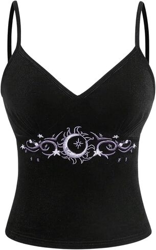 SOLY HUX Women's Y2k Cami Crop Top V Neck Spaghetti Strap Sun Moon Embroidery Tops in Saudi Arabia