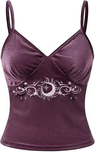 SOLY HUX Women's Y2k Cami Crop Top V Neck Spaghetti Strap Sun Moon Embroidery Tops in Saudi Arabia