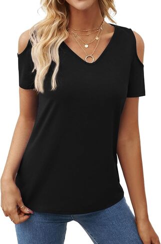 Women's Cold Shoulder T Shirts V Neck Short Sleeve Tunics Casual Loose Fit Summer Tops 2024 Trendy Blouse in Kuwait