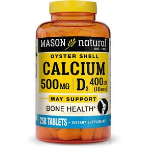 MASON NATURAL Calcium 500 mg (Oyster Shell) with Vitamin D3 - Strengthens Muscle Function, Supports Healthy Bones and Overall Health, 250 Tablets