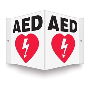 Accuform PSP609 Projection Sign 3D, AED" with Graphic, 6" x 5" Panel, 0.10" Thick High-Impact Plastic, Pre-Drilled Mounting Holes, Red/Black on White