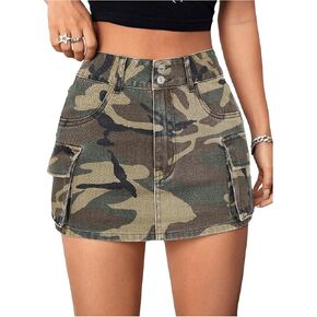 Milumia Women's Camo Print Denim Mini Skirt Low Waisted Flap Pocket Jean Cargo Skirt