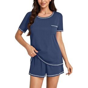 LYANER Women's Cotton Pajama Set Short Sleeve Chest Pocket T-shirt With Shorts Set PJ Loungewear
