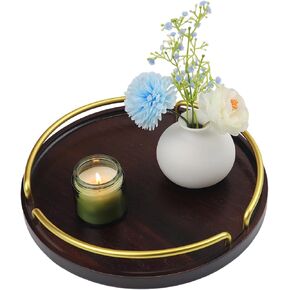 Round Decorative Tray for Coffee Table, Solid Wood Tray with Handles, 12-inch Wooden Serving Tray for Living Room, Kitchen Counter, Home Decor.（Natural Color）