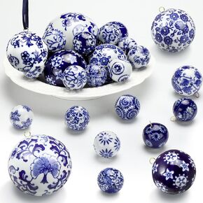 24 Pcs 3.2", 2.4", 1.6", 1.2" Blue Decorative Balls for Bowls Chinoiserie Decor Porcelain Decorative Orbs Vase Filler Blue White Porcelain Decorative Orbs for Basket Bowl