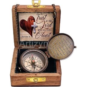 Proverbs 3: 5-6 Engraved Compass Gift for Men, Trust in The Lord Inscription Compass Graduation Gift, Confirmation Gift, Baptism Religious Gift, Communion Survival Brass Compass with Wooden Box.
