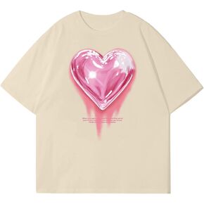 KIEKIECOO Oversized Graphic Tees for Women Cute Shirts for Teens Girls Casual Heart Shirt Men Cotton Tshirts Loose Fit