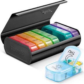 Zannaki Metal XL Weekly Pill Organizer 2 Times a Day, Large Travel Daily Pill Box 7 Day, Portable Week Twice Pill Holder Container, AM PM Pill Case for Medicine Vitamin Medication Supplement, Black