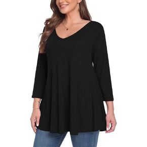 MONNURO Plus Size Tunic Tops for Women Loose Fit Dressy 3/4 Sleeve Shirt Casual V Neck Solid Color Blouses Tunic for Leggings in Kuwait