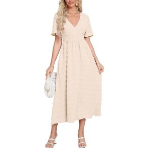 Simplee Womens Boho Maxi Dress Summer Wedding Guest Short Sleeve V Neck Swiss Dot Flowy Dresses