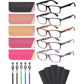 LADEESSE Blue Light Blocking Glasses, 5 Pack Reading Glasses Bluelight Blocker for Women, Computer Readers with Spring Hinge, Anti Eyestrain & UV Glare for Gaming & Reading-0.00