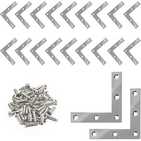 20Pcs L Shape Flat Corner Brace 80mm x 80mm (3.15" x 3.15") Flat L Bracket,Stainless Steel L Shape Flat Mending Plates with Screws for Frame, Furniture & Cabinet.