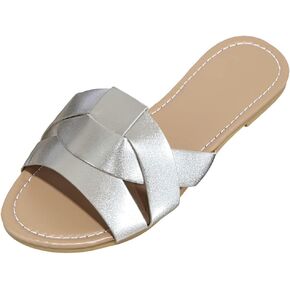 Husmeu Women's Summer Flat Slides Sandals Casual Strap Cross Slip On Sliders Beach Flat Sandals for Women