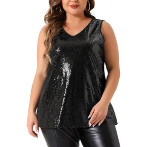 Agnes Orinda Plus Size Tops for Women Sleeveless Sparkle Shimmer Glitter Sequin V Neck Tank Top in Kuwait