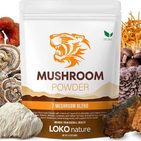 Tiger 7 Mushroom Extract Powder Blend | Natural Ingredients - Lions Mane, Turkey Tail, Maitake, Shiitake, Reishi, Chaga, & Cordyceps | Gluten-Free, Vegan, Dairy-Free - 3.5oz, 100g