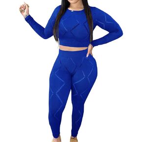 المرأة تجريب 2 قطعة وتتسابق المحاصيل الأعلى عالية الخصر سروال ضيق مجموعة طويلة الأكمام جوفاء المسار الدعاوى بذلة in Kuwait