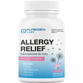Puregen Labs Allergy Relief Diphenhydramine HCl 25 mg - 600 Mini Tablets - Antihistamine Allergy Medication - Sneezing, Runny Nose, Hay Fever, Itchy Eyes and Throat Allergy Pills | Made in USA