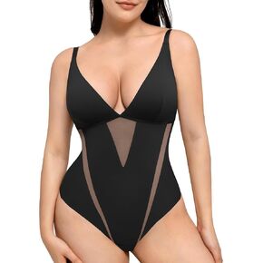 FeelinGirl Shapewear Bodysuit Women Tummy Control Deep V-neck Thong Bodysuits Seamless Mesh Slim Body Shaper Body Suit