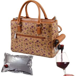 Insulated Drink Purse w/ 3L Bladder Bag | Thermal Hot and Cold Storage | Portable Drinking Dispenser for Wine, Cocktails, Beer, Alcohol | PU Leather Finish (Purple Cork Flower)