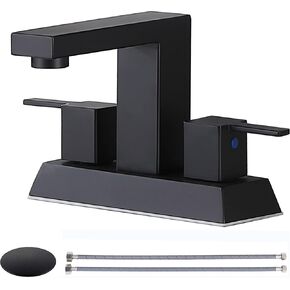 Friho Modern Commercial 4 Inch 2 Two Handle Centerset Matte Black Bathroom Faucet,Bathroom Sink Faucet Lavatory Basin RVs Bath Vanity Faucets for Sink 3 Hole with Water Hoses and Pop up Drain