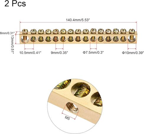 MECCANIXITY Terminal Ground Bar Screw Block Barrier Brass 15 Positions 140.4mmx8mmx13mm for Electrical Distribution 2 Pcs in Saudi Arabia