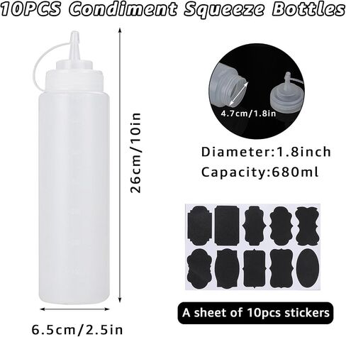 LANIAKEA 10PCS Squeeze Bottles, 24 oz Condiment Squeeze Bottles with Twist On Cap Lid & Label, Plastic Squeeze Bottles for Liquids, Sauces, Ketchup, Olive Oil, Mayonnaise, Mustard in Saudi Arabia