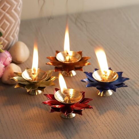 Brass Diya Deepak Oil Lamp Puja Diwali ( Set of 4 , Assorted Colors) in Kuwait