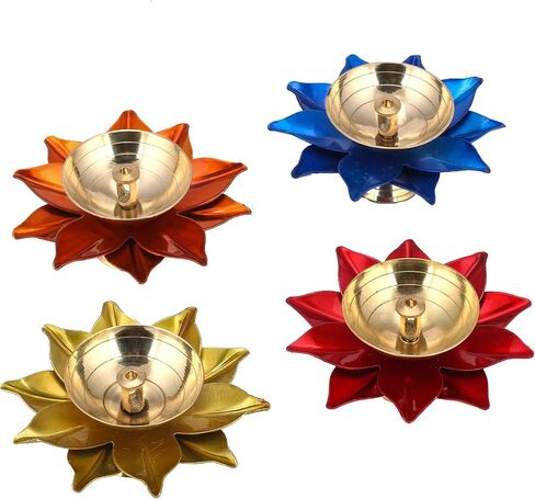Brass Diya Deepak Oil Lamp Puja Diwali ( Set of 4 , Assorted Colors) in Kuwait