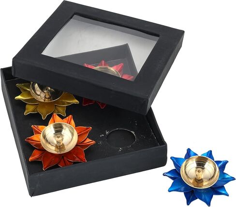 Brass Diya Deepak Oil Lamp Puja Diwali ( Set of 4 , Assorted Colors) in Kuwait