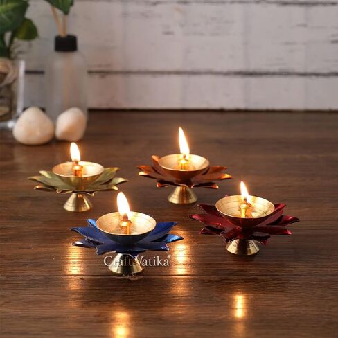 Brass Diya Deepak Oil Lamp Puja Diwali ( Set of 4 , Assorted Colors) in Kuwait