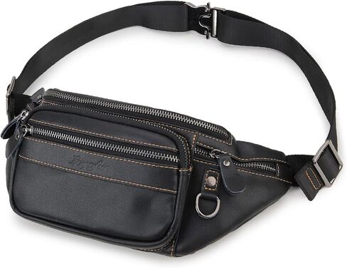 حقيبة خصر من الجلد الطبيعي من Fanny Pack للرجال والنساء، حقيبة Loyofun Vintage Hip Bum مع 6 جيوب بسحاب للسفر في الهواء الطلق والمشي لمسافات طويلة والجري (أسود) in Kuwait