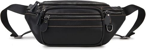 حقيبة خصر من الجلد الطبيعي من Fanny Pack للرجال والنساء، حقيبة Loyofun Vintage Hip Bum مع 6 جيوب بسحاب للسفر في الهواء الطلق والمشي لمسافات طويلة والجري (أسود) in Kuwait