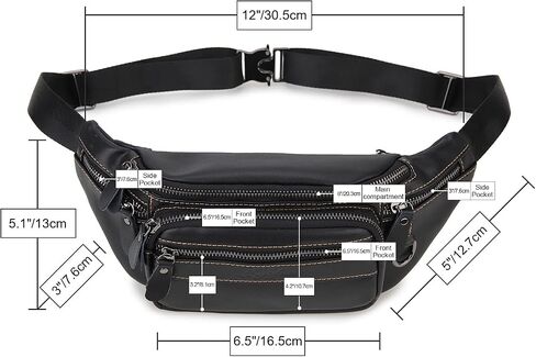 حقيبة خصر من الجلد الطبيعي من Fanny Pack للرجال والنساء، حقيبة Loyofun Vintage Hip Bum مع 6 جيوب بسحاب للسفر في الهواء الطلق والمشي لمسافات طويلة والجري (أسود) in Kuwait