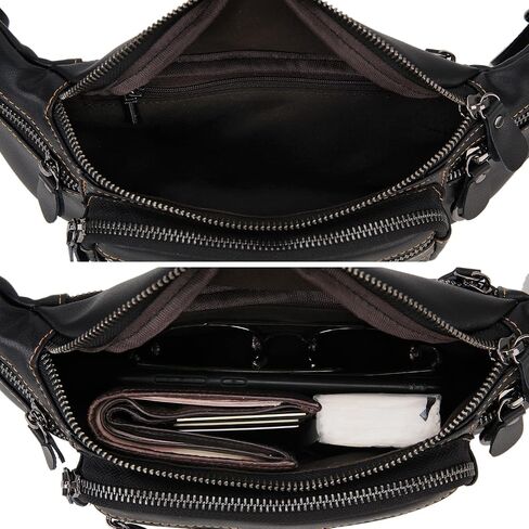 حقيبة خصر من الجلد الطبيعي من Fanny Pack للرجال والنساء، حقيبة Loyofun Vintage Hip Bum مع 6 جيوب بسحاب للسفر في الهواء الطلق والمشي لمسافات طويلة والجري (أسود) in Kuwait
